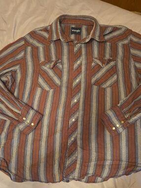 Vintage Wrangler Striped Western Shirt in Rust, Blue, and Cream